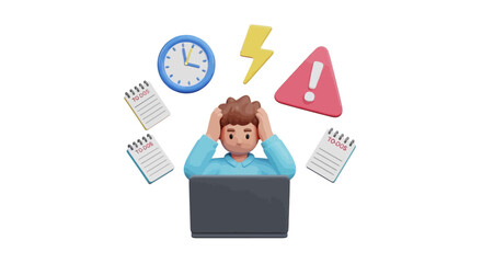 Stressed 3D Cartoon Man Overwhelmed by To-Do Lists, Clock, and Warning Sign