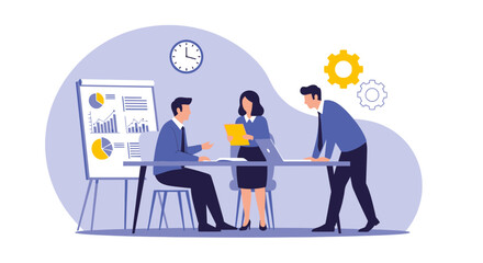 Business Team Meeting: Three Professionals Analyzing Data Charts and Graphs at Office Table