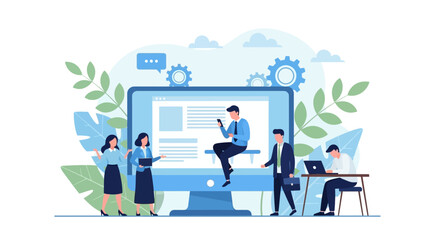 Business Team Collaboration on Digital Platform: Flat Design Illustration