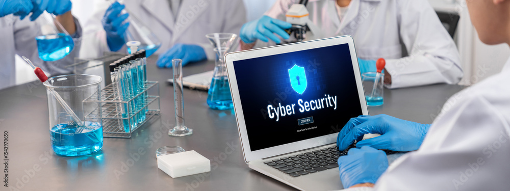 Poster cyber security system on computer screen protect private information brisk from hacker and cyber att