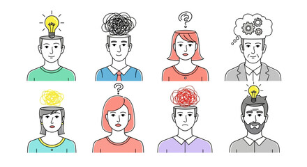 Diverse People with Open Heads Showing Different Mental States Illustration