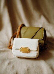 Two stylish shoulder bags, one olive green, one off-white, rest on a neutral fabric backdrop.  A tan strap is visible