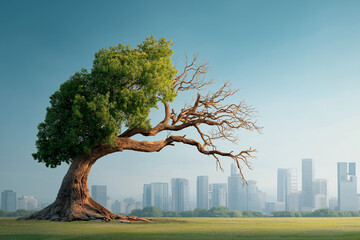 Half-dead tree merging into a green healthy one, with the skyline of corporate buildings in background — metaphor of transition.