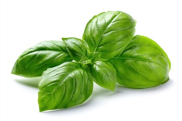 Fototapeta premium Fresh basil leaves display prominent veins gloss and varying sizes on a crisp white background