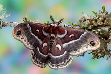 Silk moth on mossy branch.