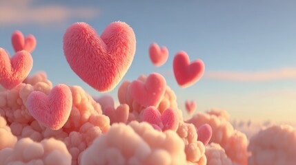 Fluffy pink clouds with heart shapes floating in a blue sky. The scene conveys a sense of love and affection, ideal for romantic themes.