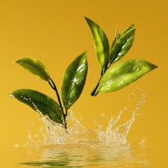 Two vibrant green tea sprigs, glistening with water droplets, create a splash in a pool of clear water against a warm yellow background