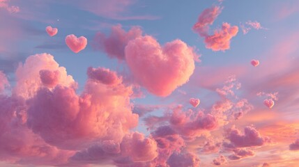 Pink clouds shaped like hearts float in a pastel sky during sunset. The scene evokes feelings of love and tranquility.