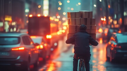 A tired delivery cyclist balancing a teetering stack of packages as he weaves through congested urban traffic at dusk