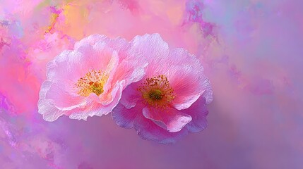 Two pink flowers with soft petals against a colorful abstract background. The scene conveys a sense of beauty and tranquility.