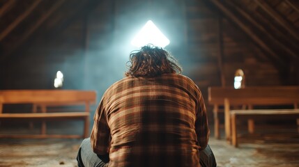 Fototapeta premium A solitary figure sits in a quiet, dimly lit attic, gazing towards a bright triangular light, symbolizing contemplation, solitude, and introspection in a serene environment.