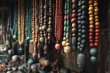 Vibrant beaded necklaces, varying colors and materials, hang from a dark wooden display.  Depth of field focuses on the central necklaces, showcasing intricate details and craftsmanship