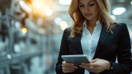 A focused professional woman is analyzing data on a tablet in a modern office environment, reflecting concentration and the use of technology in business.