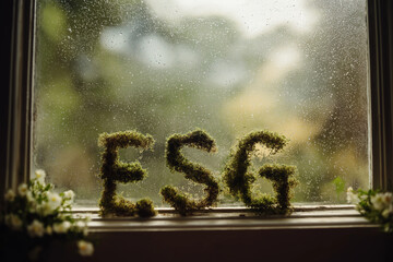 Letters ‘ESG’ drawn into a dew-covered window, soft focus on greenery outside, gentle morning tone.