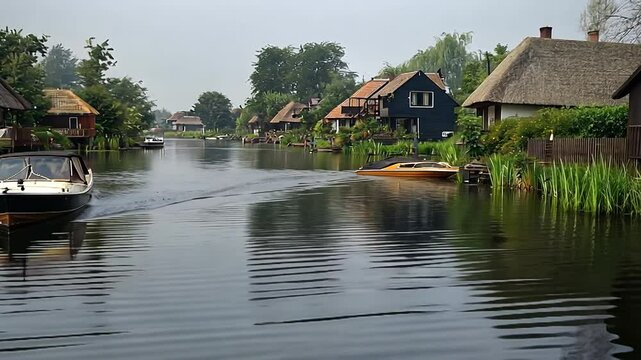 giethoorn canals with thatched-roof houses in spring video