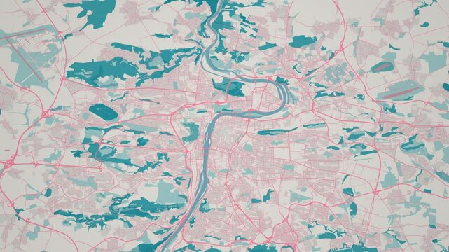 Zoom in on the map of Prague City, the capital of the Czech Republic, with text. Cinematic digital abstract 3d world map animation highlights aerial views, tourism, and travel. 4k
