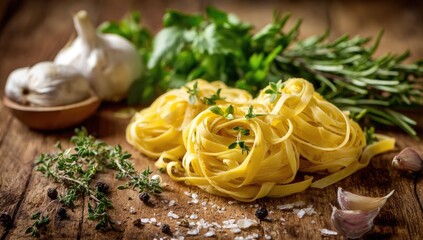 Uncooked pasta nests with fresh herbs, garlic, salt, and peppercorns on a rustic wooden surface