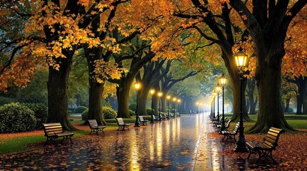 Autumnal park path, wet and golden