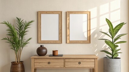 Two empty frames hang above a wooden table with plants