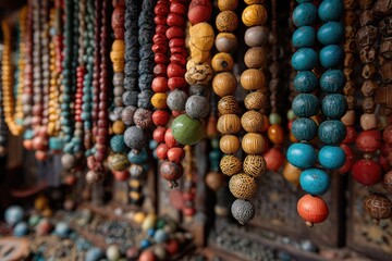 Vibrant, diverse beaded necklaces hang in a close-up display, showcasing varied colors, sizes, and materials.  A blurred background hints at more jewelry