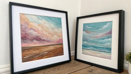 Two framed paintings of beach scenes displayed on a wooden table