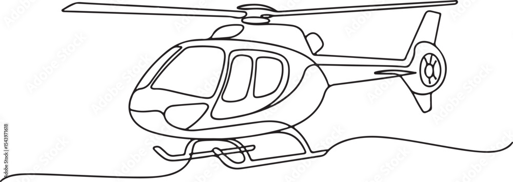 Poster continuous line drawing of a minimalist helicopter in side profile view with rotor and tail details