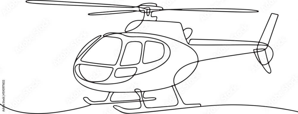 Poster continuous line drawing of a minimalist helicopter in side profile view with rotor and tail details