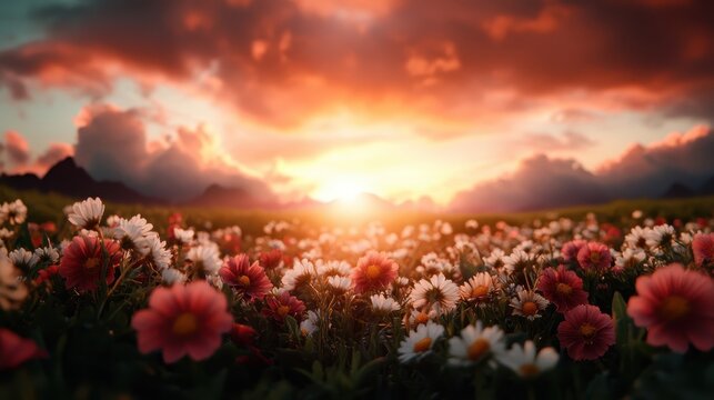 This stunning image captures a scenic sunset over a vibrant flower field, with clouds reflecting warm hues, conveying a sense of beauty and tranquility in nature.
