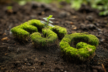 Moss-covered ESG text lying on rich dark soil, with small sapling growing through the G, soft light and shallow depth of field.