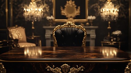 Luxurious dark wood table in an opulent room.