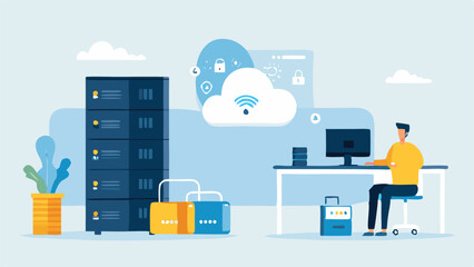 Teamwork and Cybersecurity Vector Illustration – Collaborative Workflow with Gears, Secure Data Protection, Cloud Computing, and Digital Privacy Icons for Business Technology and IT Solutions.