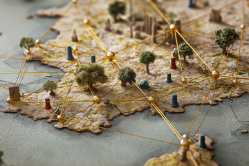 Map with pins and string connecting corporate HQ to local villages – narrative of shared impact.