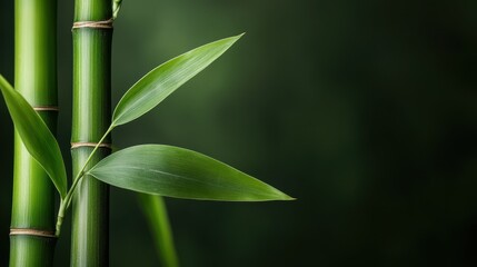 Obraz premium Minimalistic close-up of bamboo stalks and leaves against a lush dark green backdrop, emphasizing nature’s elegance and tranquility in a beautifully simplistic manner.