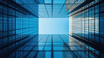 Modern skyscrapers, glass facade, looking up