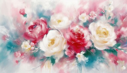 dreamy pastel floral watercolor with white, blush, and crimson roses in soft abstract brush strokes for wedding branding, romantic stationery, or website header design