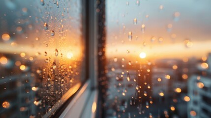 A tranquil scene of raindrops on a window, complementing a beautiful sunset view, capturing a moment of introspection and beauty during a rainy evening.