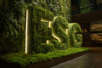 Neon ESG letters placed against a living wall of ivy and moss, glowing softly in a dark, urban-environment vibe.