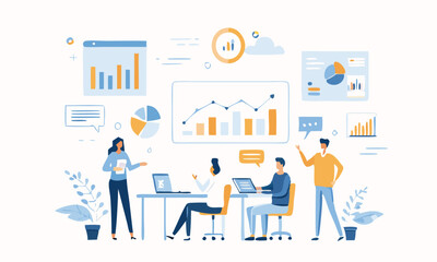 set of business people analyzing data on charts and graphs. Business using remote servers to analyzing large sets of data and recognizing mistakes.