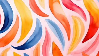 vibrant abstract banana leaf pattern in bold watercolor strokes of red, orange, yellow, and blue on soft pink for web design, branding, and print media