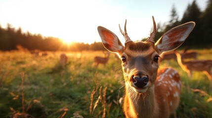 A close-up image of a deer amidst a sun-drenched meadow, capturing the serene beauty of nature and innocence of wildlife under warm sunlight as it gazes curiously at the viewer.
