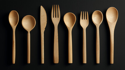 wooden cutlery on black background flatlay