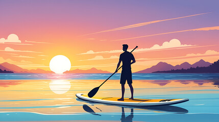 A man paddles a paddleboard at sunset. Summer holiday leisure activity on the water. Cartoon illustration. label, sticker, emblem