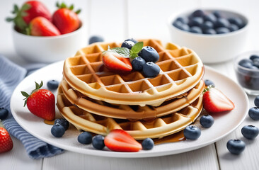 Waffles with syrup and berries on white plate white wooden table. Breakfast concept