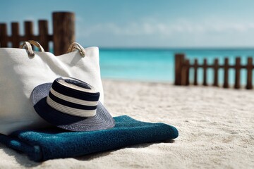 White beach tote, navy striped sunhat, and teal towel rest on pristine white sand near a wooden fence, overlooking a turquoise ocean under a bright blue sky