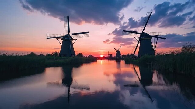 kinderdijk windmills at sunset timelapse video