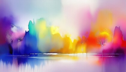 dreamlike halloween abstract landscape with vibrant watercolor mist, glowing sunset, spectral reflections, and colorful gradient ideal for web design or print media