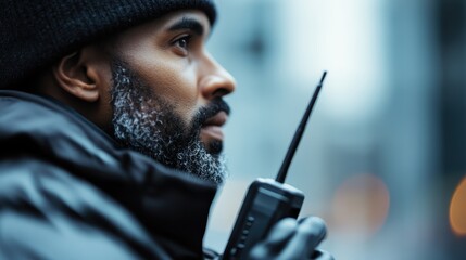 A serious man wearing a black beanie holds a walkie-talkie, focusing intently on communication, embodying themes of vigilance, security, and modern urban life.