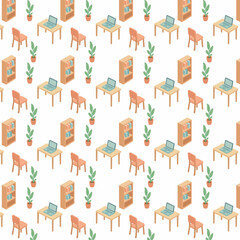 This seamless isometric pattern features a cozy home office setup with desks, laptops, chairs, bookshelves, and potted plants on a white background.