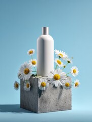 White bottle, minimalist design, sits on a gray cube base surrounded by daisies against a light blue background