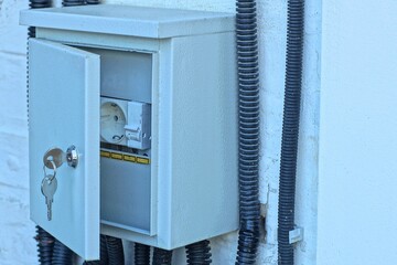 one iron public technical square gray new open with shiny keys protective modern new electrical box...